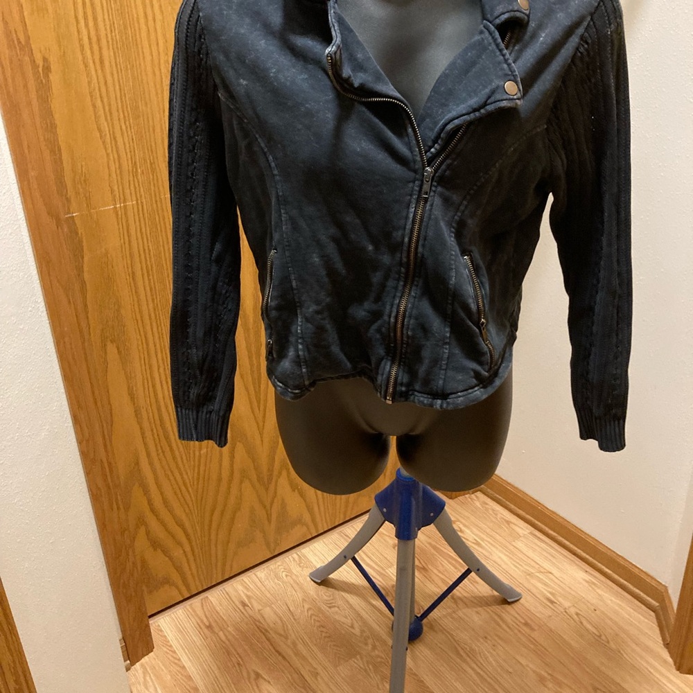 Torrid moto jacket distressed black denim with cable knit sleeves